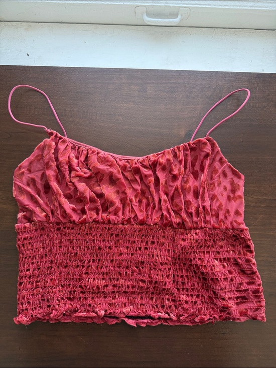 Urban Outfitters Tops - Urban Outfitters Velvet Leopard Red Smocked Cami Top with Spaghetti Straps